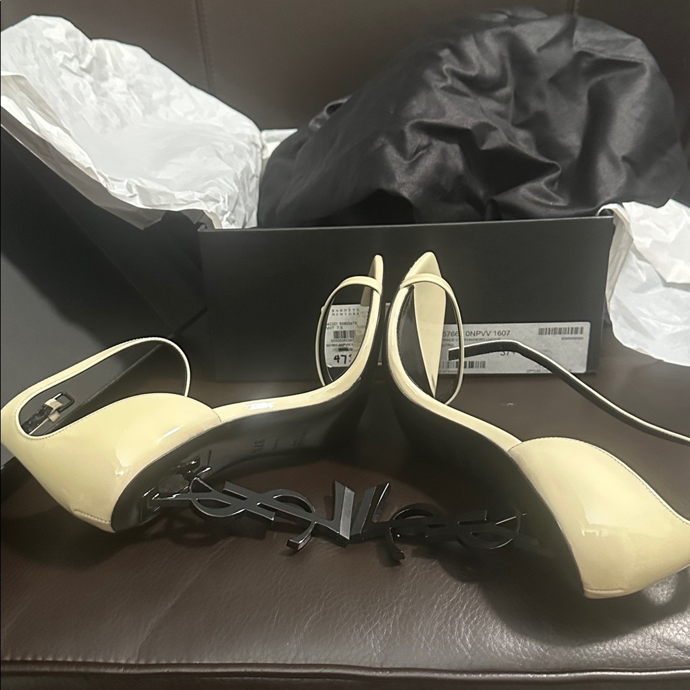 Women’s Saint Laurent Vernice Chiffon/Nero Lucido Neutro Opyum 110 YSL Heels - Picture 6 of 9